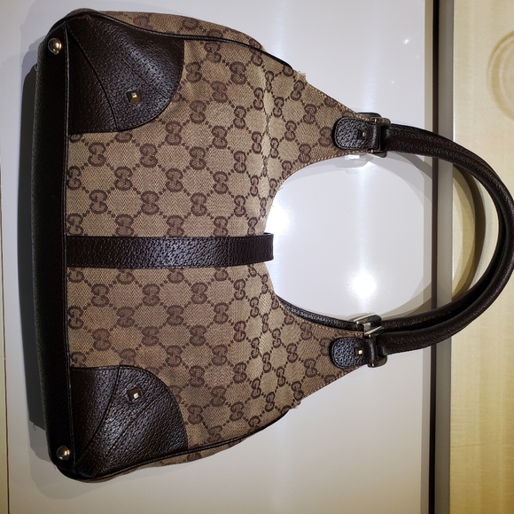 Gucci Jackie brown canvas shoulder bag; brown with gold hardware, studs - Picture 8 of 9